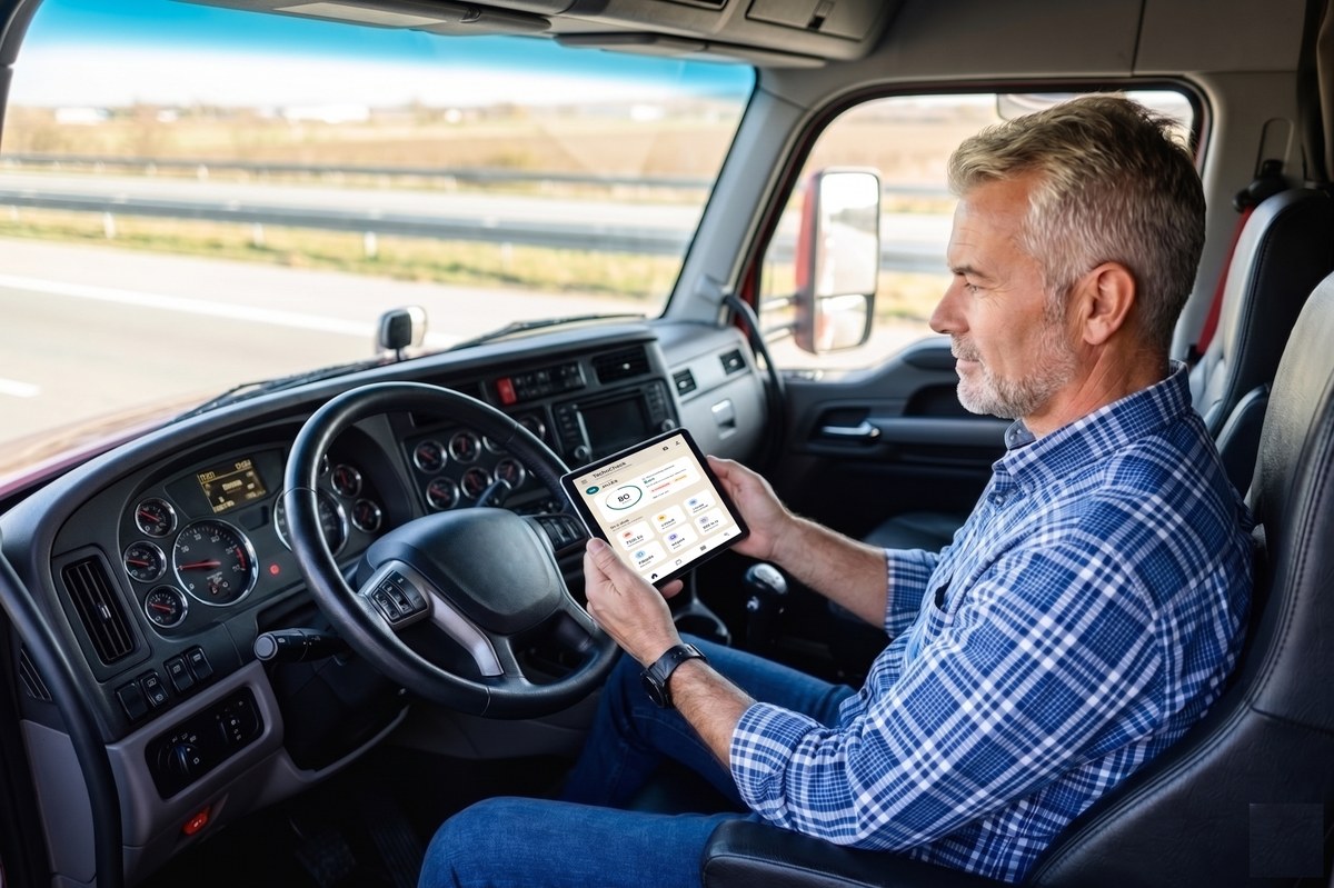 Chauffeur routier consultant son smartphone près de son camion