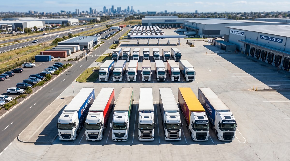 Flotte de camions semi-remorques sur un parking de transport