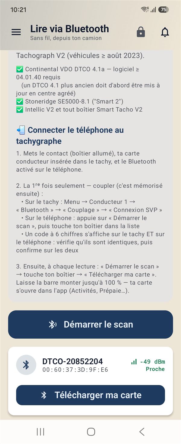 TachoCheck détecte le tachygraphe DTCO du camion en Bluetooth (DTCO-20852204, signal proche) avec le bouton Télécharger ma carte
