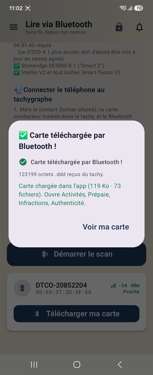 Carte conducteur téléchargée par Bluetooth dans TachoCheck — 123199 octets .ddd reçus du tachygraphe, carte ouverte dans l'app