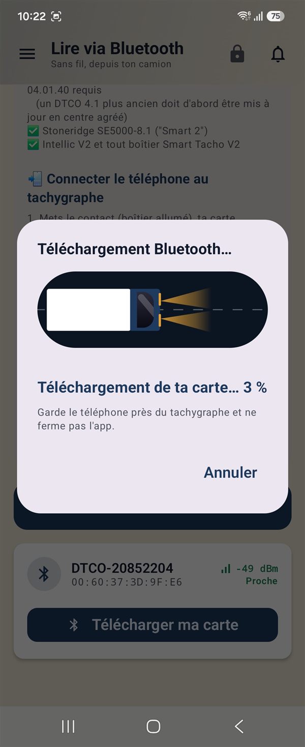 Téléchargement de la carte conducteur en Bluetooth en cours dans TachoCheck